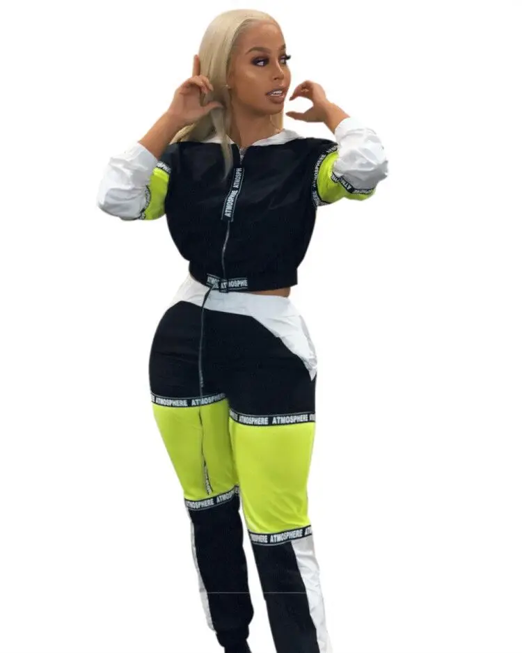 2019 New fashion sporty women's tracksuit hooded short jackets letter splicing long pants suits two piece set outfit GLA3068 | Женская
