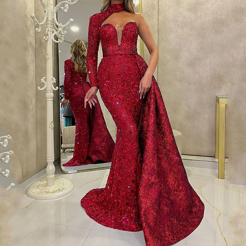 

Luxury 2021 Evening Dresses Sexy Asymmetric Deep V Neck Mermaid Gowns Sparkly Backless Bandage Prom Party Robe De Soiree