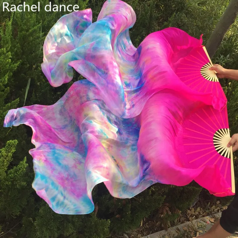 

New Arrival 100% pure real Silk Fan Veils for Belly Dancing Sexy long silk Fans for dancers 1.8*0.9m tie-dyed color A pair