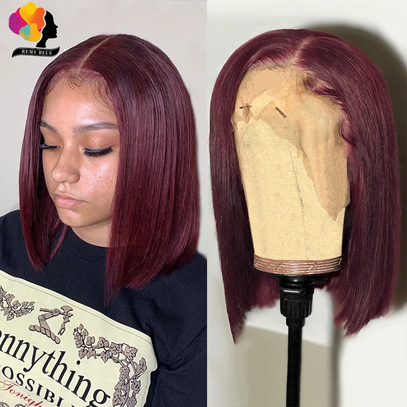 Remyblue Burgundy Bob Wig Lace Front Human Hair Wigs for Women 13X1 Transparent Peruvian Remy Red 99J Colored Human Hair Wigs