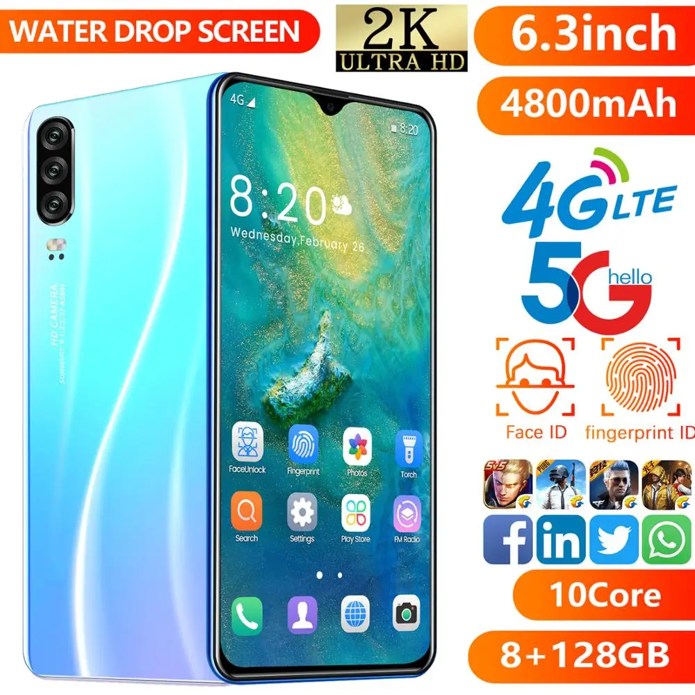 Новинка P38 Pro 6 3 Смартфон Snapdragon 855 10 ядер 8 ГБ ОЗУ 128 Гб ПЗУ NFC LED 4 камеры 4500 мАч