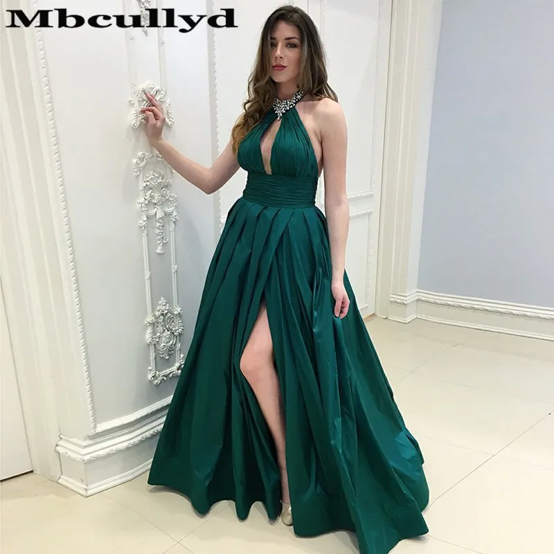 Женское атласное длинное платье Mbcullyd темно зеленое вечернее трапеция с разрезом