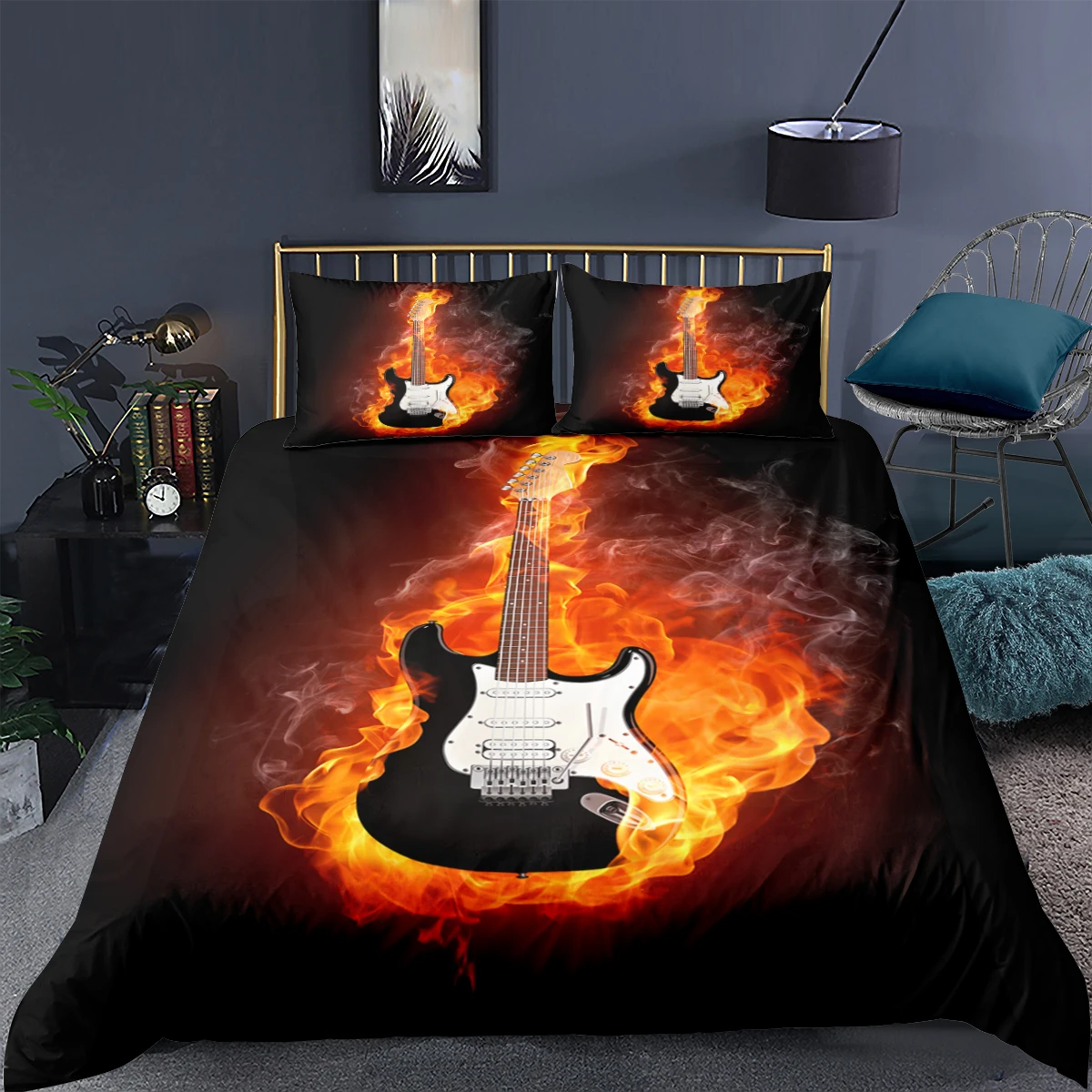 3D страсть с принтом в виде гитары пододеяльник черный Постельное белье Мягкие