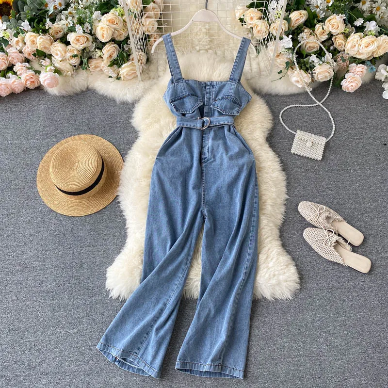 Женский джинсовый комбинезон с карманами Свободный без рукавов широкими