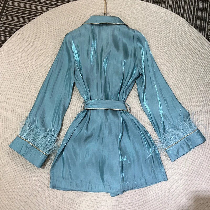 

High Waist Bowknot Lace Up Tassel Coats Female 2021 Clothes Green Jacket For Women Lapel Long Sleeve Patchwork Feathers