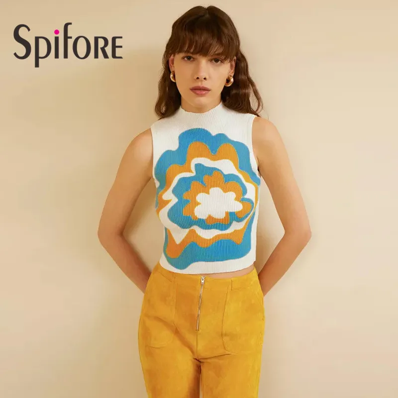 

Spifore Summer Y2K Tanks Women Fashion White Floral Printed Knitted Tie Dye Crop Top Causal Bodycon Party Vest 2022