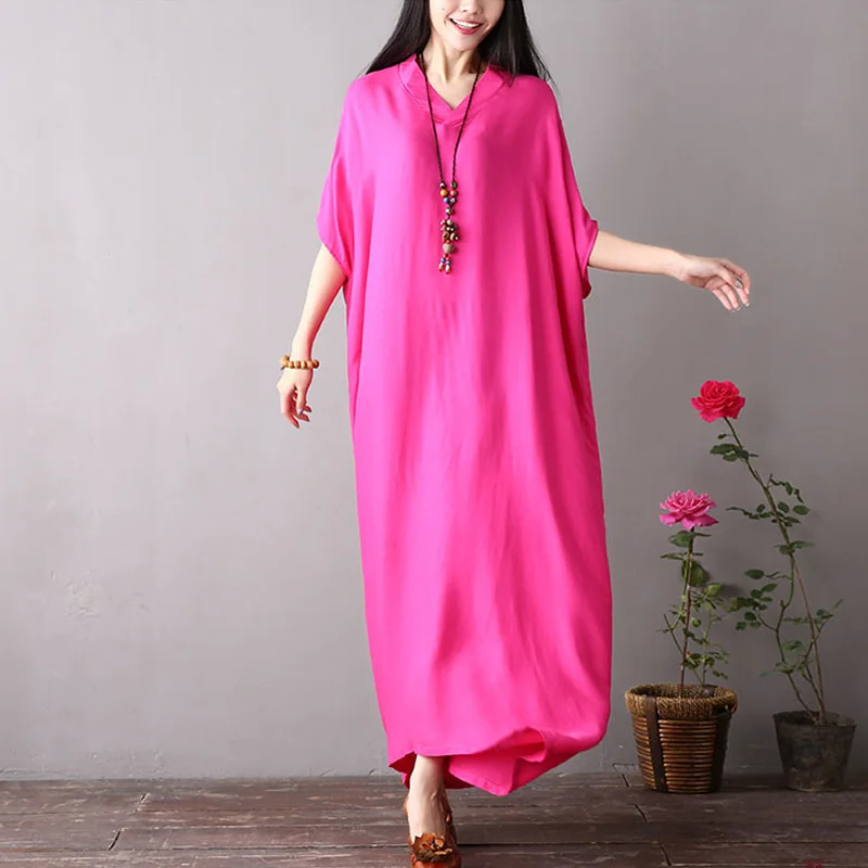 

Plus Size V-Neck Bat Sleeve Dress For Women Vintage Female Robe Loose Oversize Solid Color Long Dress Woman One Piece Boho Dress