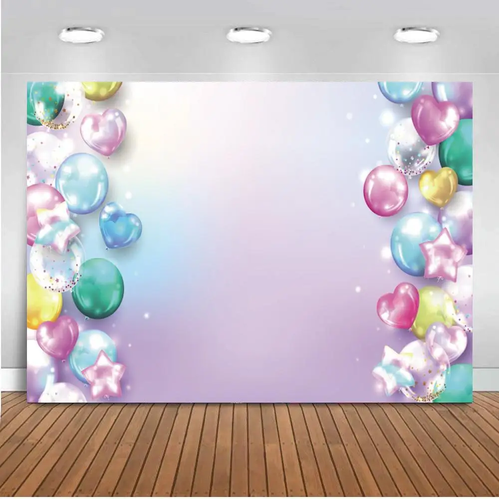 

Heart Shaped Balloons Decoration Besides Happy Birthday Background Wall Photo Kids Birthday Cake Toy Table Backdrops Wall Poster