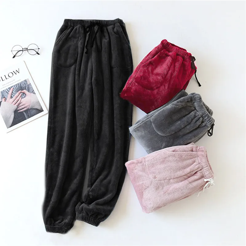 

Women Winter Thickened Warm Flannel Pajama Pants Close-up Leg-cutting Home Trousers High Waist Loose Coral Fleece Sleep Bottoms