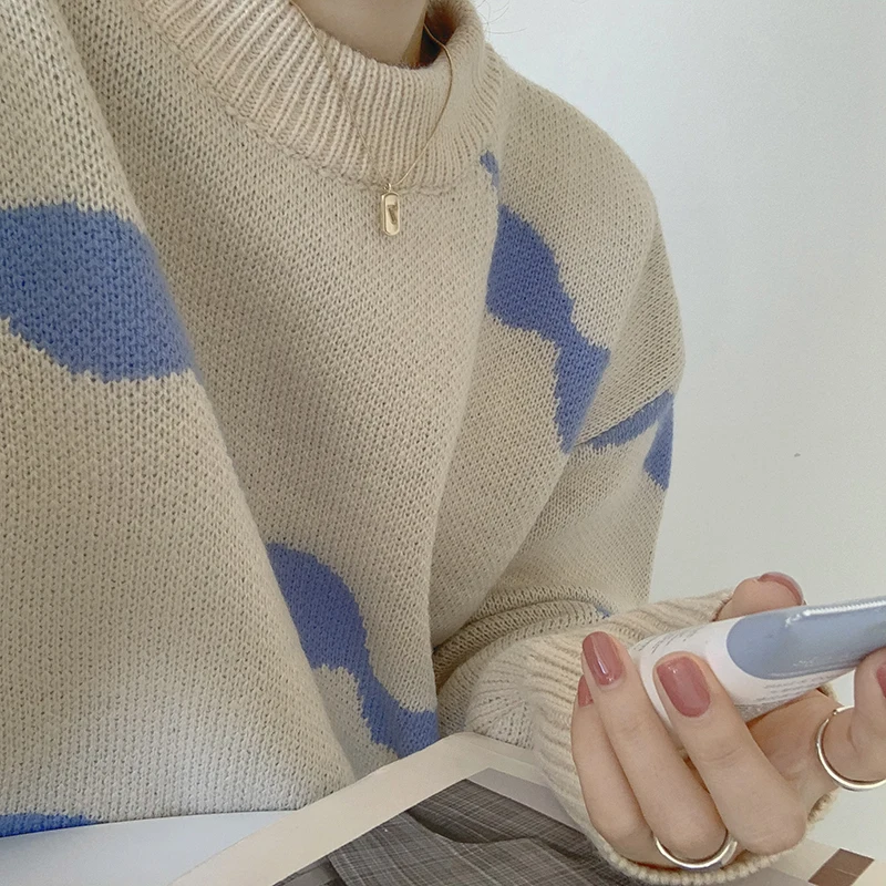 

Fashion Casual Stripes Round Collar Pullover Sweater Women Coat Autumn Winter Loose Long Sleeve Knitting Sweater Female