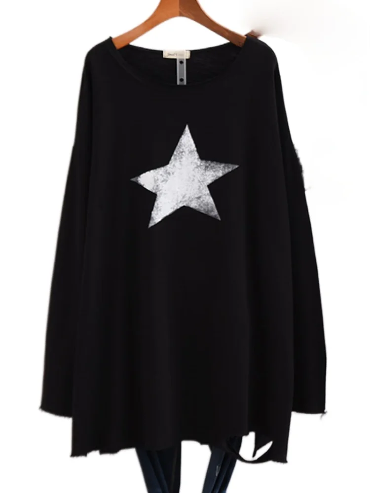 

Knitted Women Tshirt Geometric Gray Star Pattern T-shirts Full Sleeve Tees Spring Thin T-shirt Ripped Oversized T Shirt