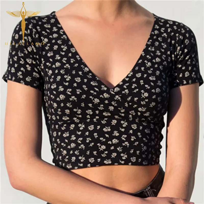 

Женская футболка с коротким рукавом, V-образным вырезом и принтом