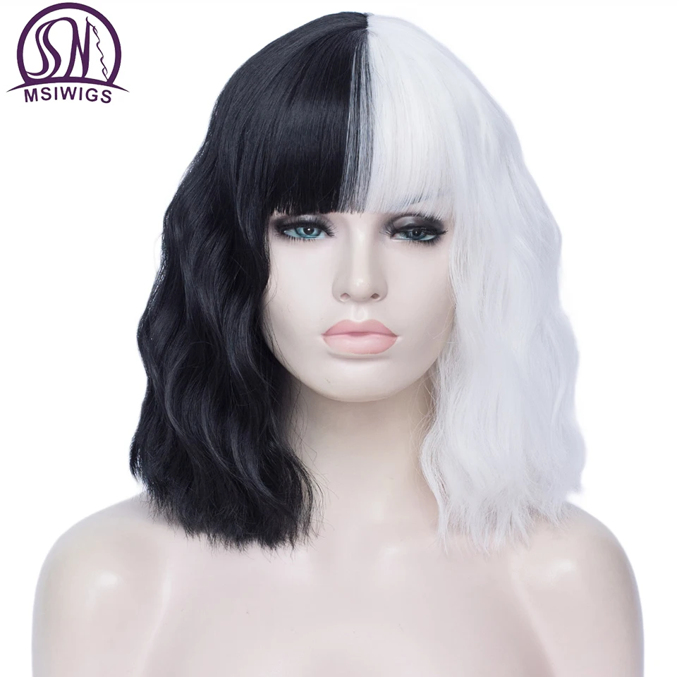 MSIWIGS Women's Black and White Wig Short Curly Synthetic Cosplay False Anime Wigs Ombre Two Tone Pink Blue Red Pueple 20 Colors