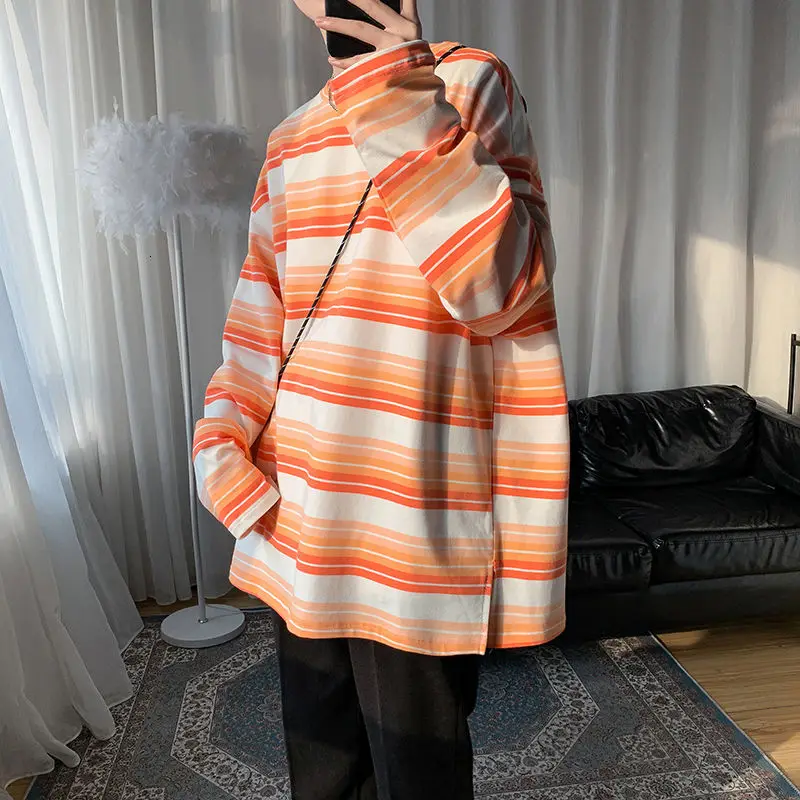 

Cotton Striped T-shirt Men's Fashion Casual O-neck Pullover T-shirt Men Streetwear Korean Loose Hip-hop Long-sleeved Tshirt Mens