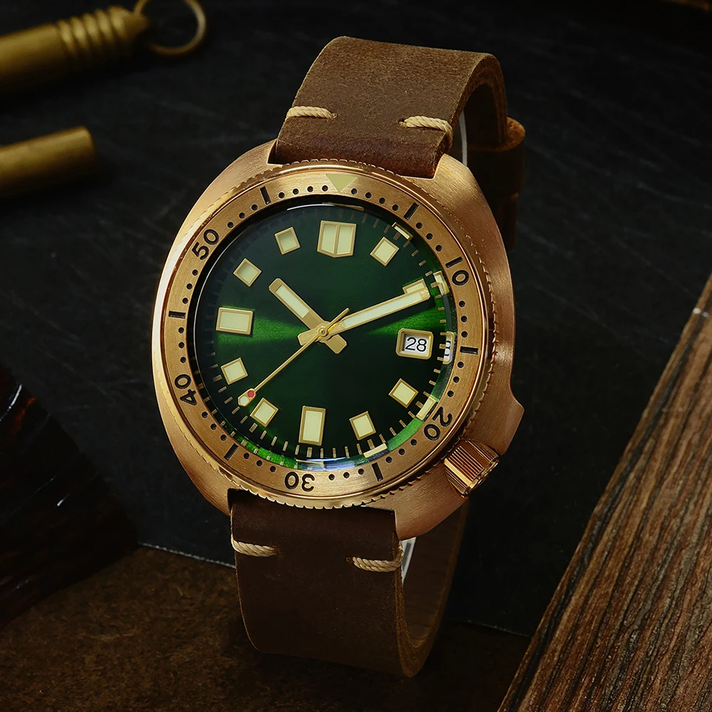 no logo green San Martin, новинка 6105, часы для дайвинга с бронзовым тунцом, Водонепроницаемость 200 м, Акула, кожаный ремешок, Мужские автоматические наручные часы для мужчин - Цвет: no logo green