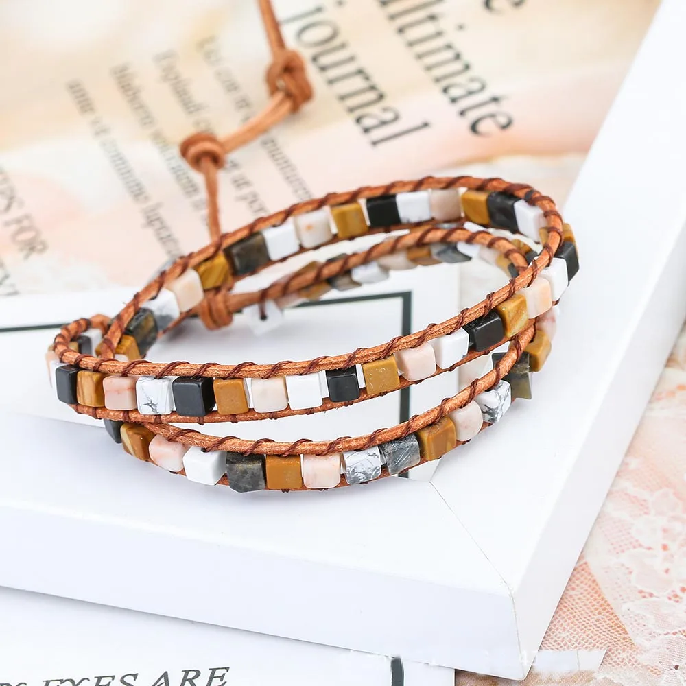 Boho Trendy Handmade Adjustable Multilayer Leather Bracelet Women Multi-color Natural Emperor Stone Bead Jewelry Chakra | Украшения и