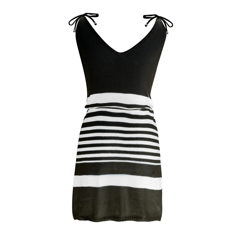 

2020 Summer V Neck Sexy Backless Knitted Dresses Women Lace Up Striped Split Dress Casual Sleeveless Beach Holiday Vestidos
