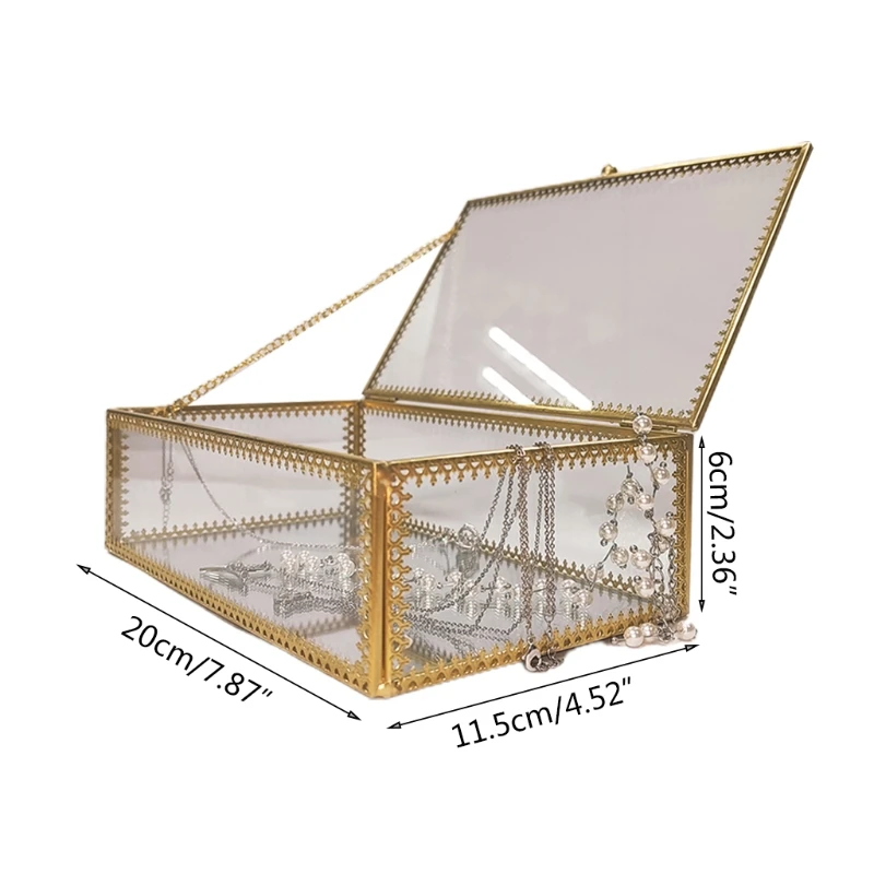 

2021 New Rectangle Gold Brass Glass Jewelry Trinket Box Lace Jewelry Display Organizer 2020 trend