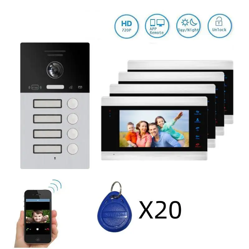 

960P AHD 7" Video Intercom Door Phone Doorbell System RFID Camera Built in Power Monitor For 4 Families Apartments