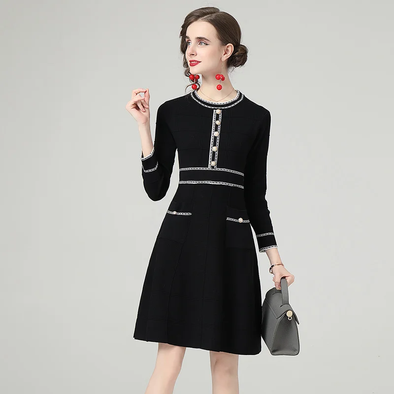 

Elegant Pearls Button Slim Elastic Waist Knitted Dress Office Ladies Pullover Hit Color Pocket A Line Mini Women Vestidos k8318