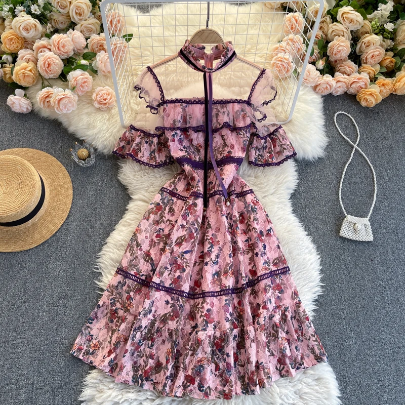 

Women's Spring Summer Runway Fashion Short Sleeve Mesh Dress Female Travel Chic Party Flower Lace Dress TB1797