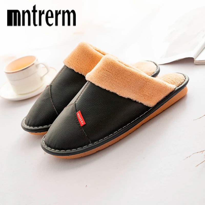 

Mntrerm Men Winter Slippers with Fur Women Big Sizes Leather Slipper Waterproof Warm Home Male Couple Platform Indoor Shoes man