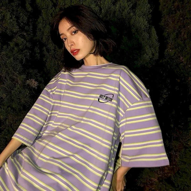 

Striped short-sleeved men's women's shirts 2020 new summer Korean loose Hong Kong style round neck hip hop bottoming T-shirt top