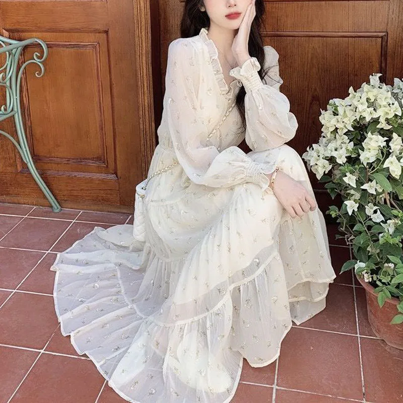 

2021 Summer Floral Dress Women French Elegant Chiffion Casual Sweet Fairy V-neck Midi Dress Office Lady One Piece Dress Korean