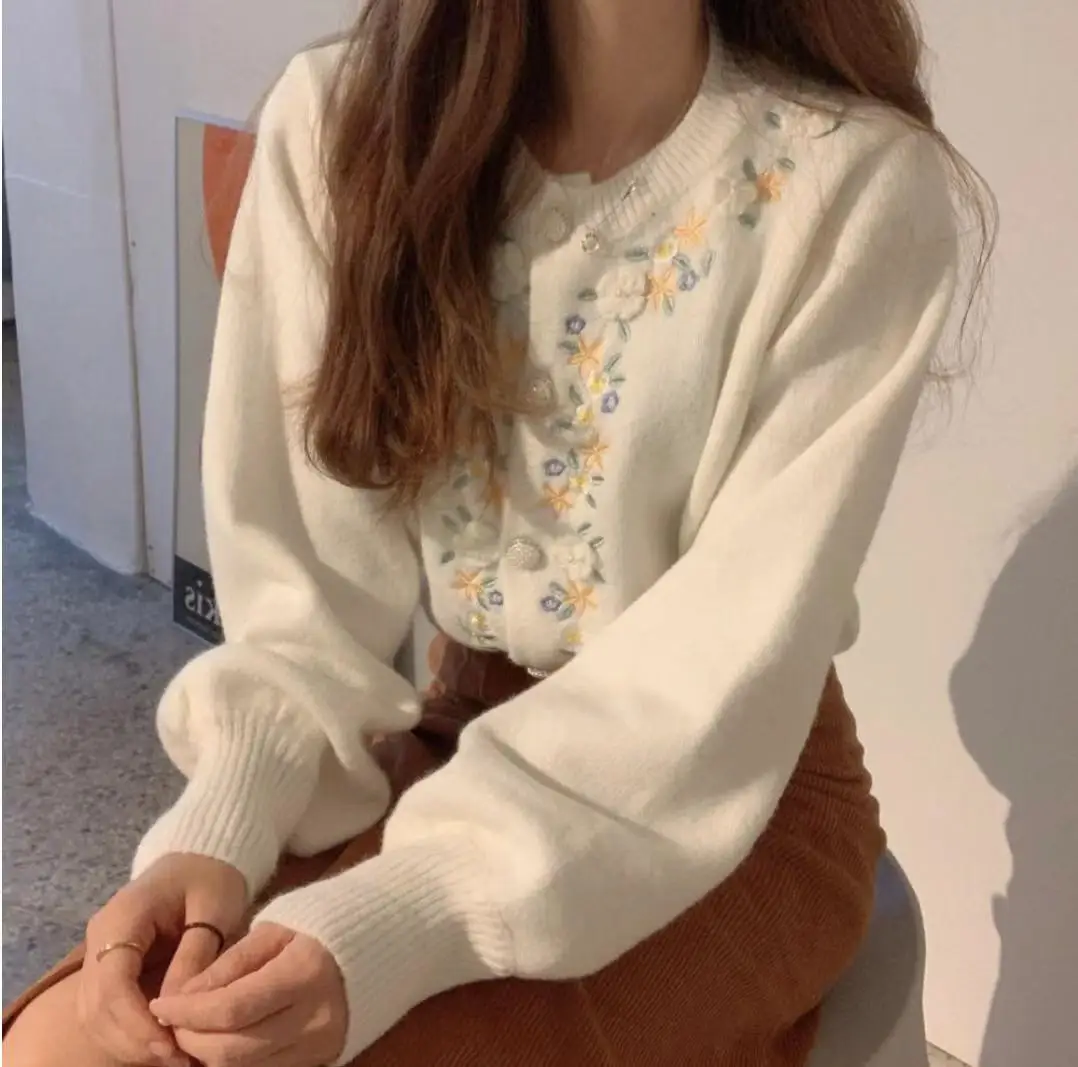 

Women Sweaters Flower Embroidery Knitted Cardigans Korean Chic Single Breasted Long Sleeve Sweaters Sweet O Neck Soft Coats