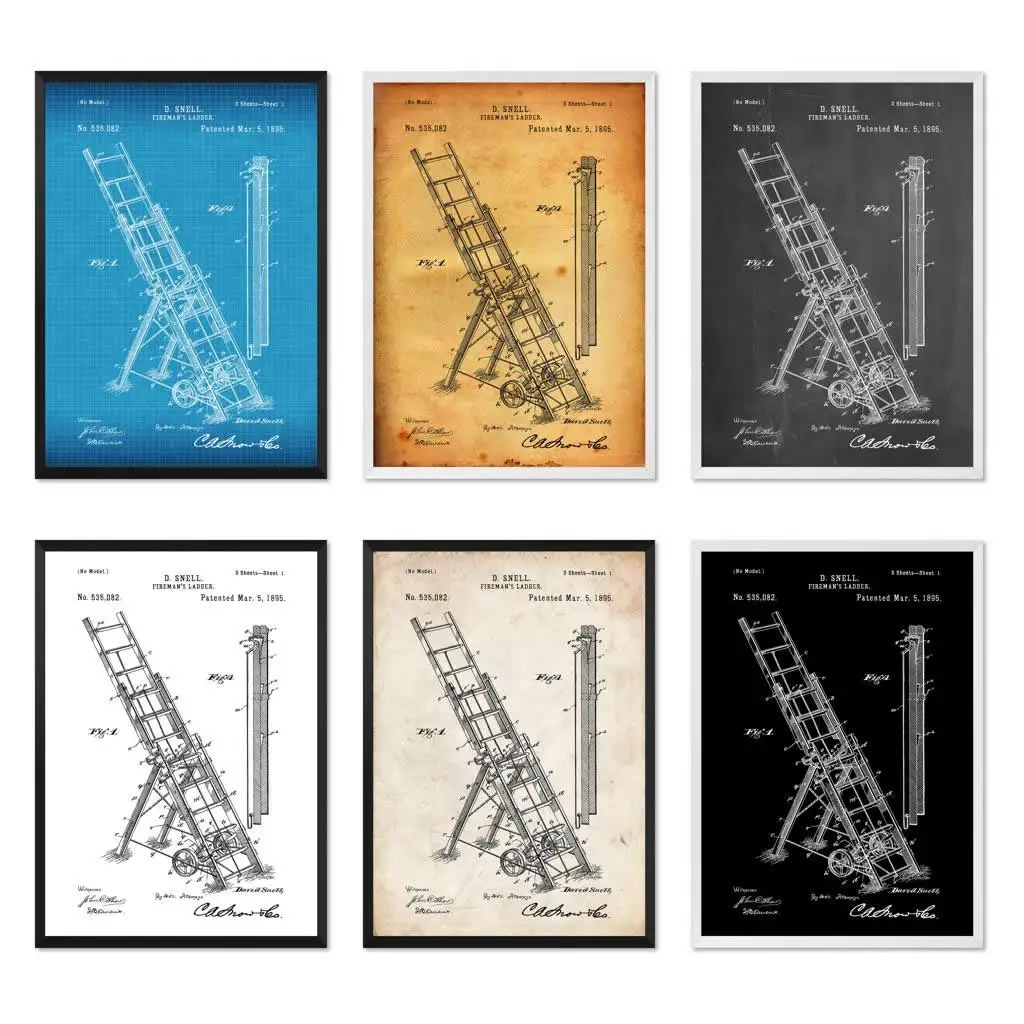 Винтажная лестница пожарного 1895 патент настенный плакат схема постер холст