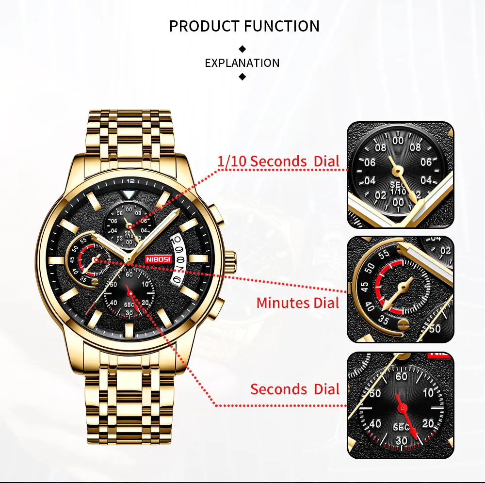 NIBOSI Top Brand Fashion Mens Watches Luxury Stainless steel Quartz Chronograph Clock Waterproof Watch For Men Relogio Masculino