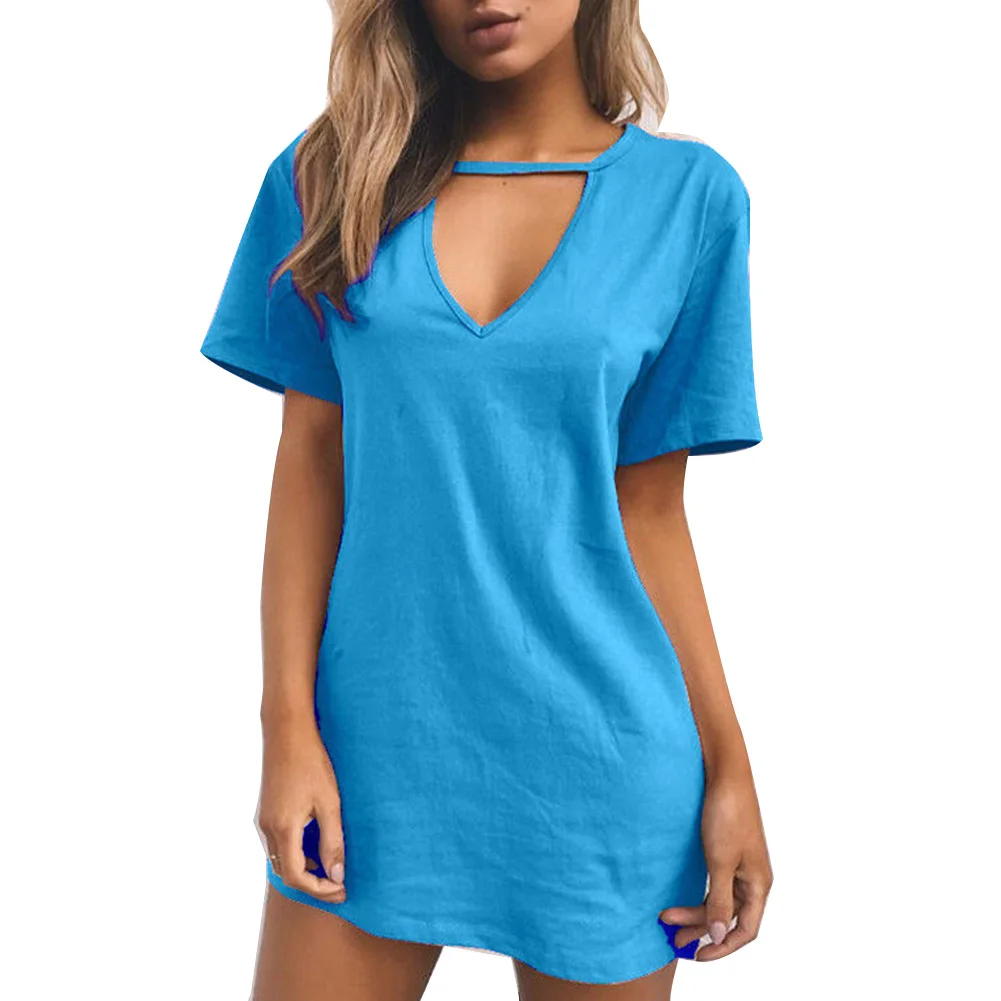 Повседневная Женская одежда Цвет sólido Cuello en V profundo Camiseta de manga corta Сексуальное мини