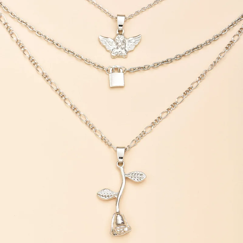 4 шт./компл. женские ожерелья набор ретро роза Ангел ребенок замок висит ключица