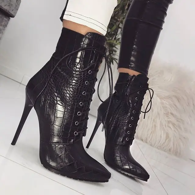 

Snakeskin grain Ankle Boots For Women High heels Fashion Pointed toe Ladies Sexy Chelsea Boots Vogue Nice Lace-Up Boots