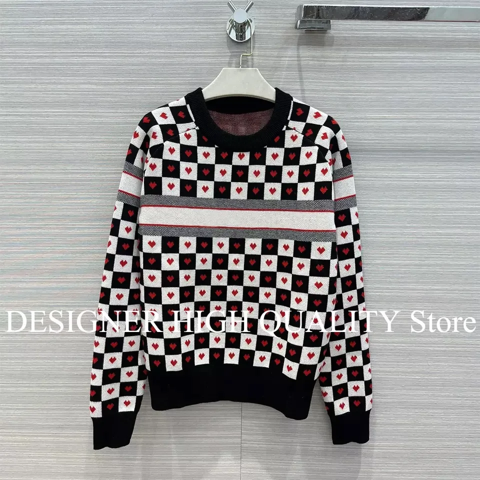 

Sweater Women 2021 Luxury Design Geometric Lattice Pattern Heart-shaped Jacquard O-Neck Long-Sleeved Casual Wool Blend Pullover