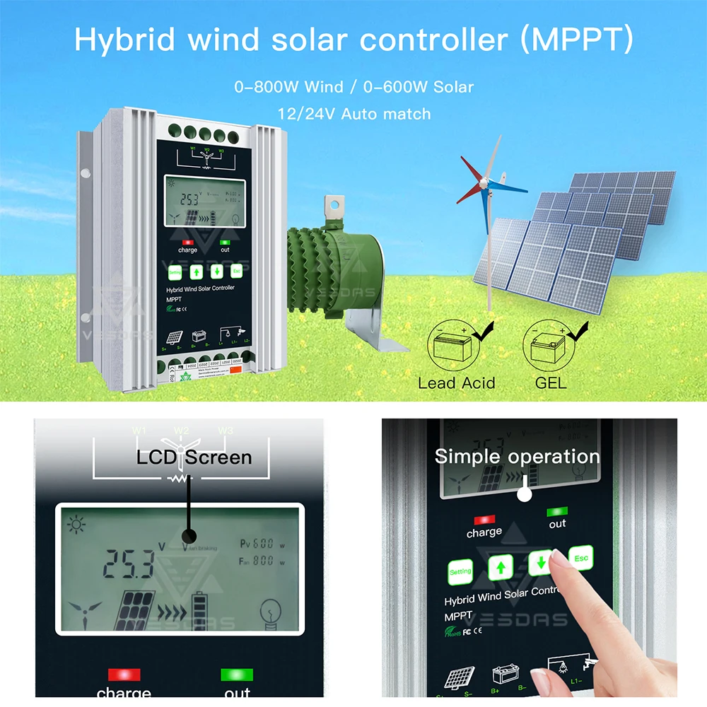 1400 Вт MPPT гибридный контроллер заряда 12/24 в автоматический для 800 ветра + 600