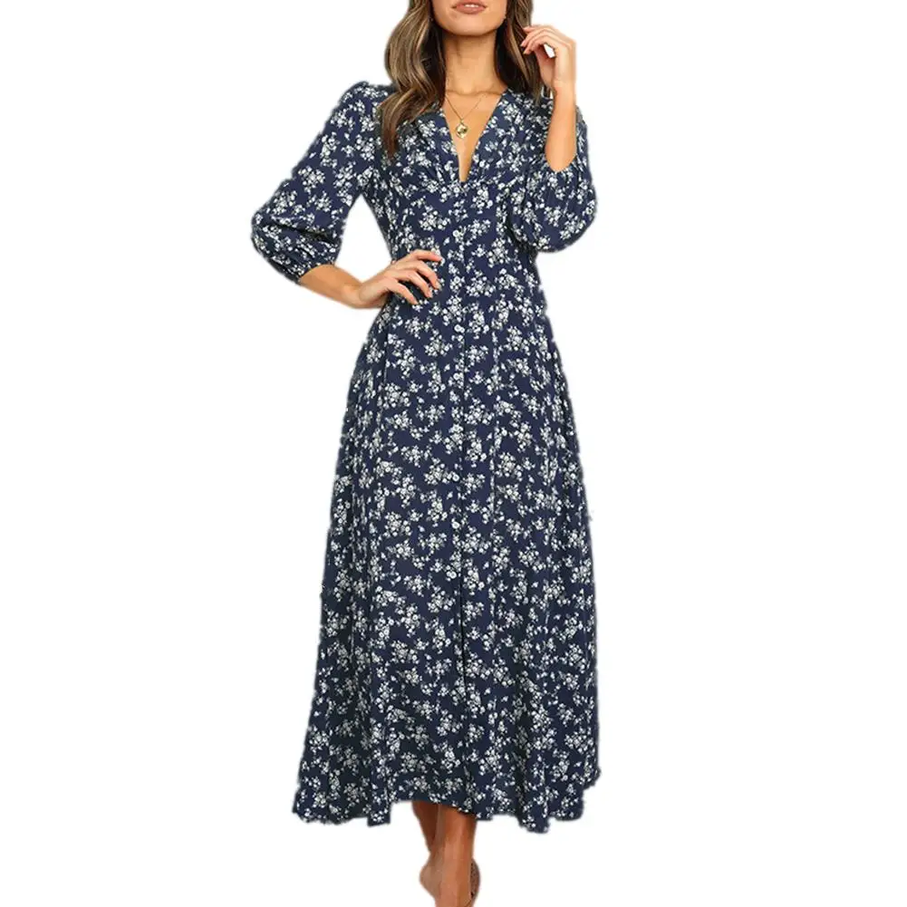 

Plus size Women Dress Spring Autumn Stylish Printing Long Sleeves High Waist Chiffon V Neck Loose Elegant Maxi Dress 2021