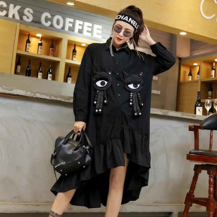 

QING MO Summer Autumn Cartoon Doll Patchwork Blouse Dress Women Irregular Ruffle Dress Personality Casual Style Dress ZQY1244