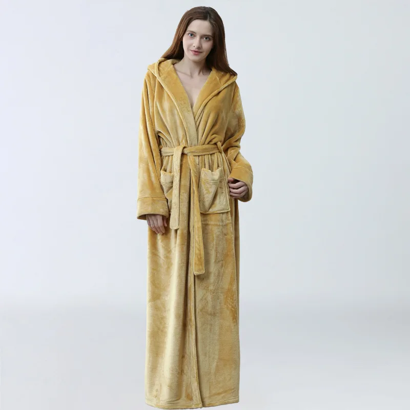 Yellow Фабричный бренд, женский зимний очень длинный теплый халат, халат, Женский мягкий фланелевый пеньюар, неглиже, большой размер, домашний халат с капюшоном - Цвет: Yellow