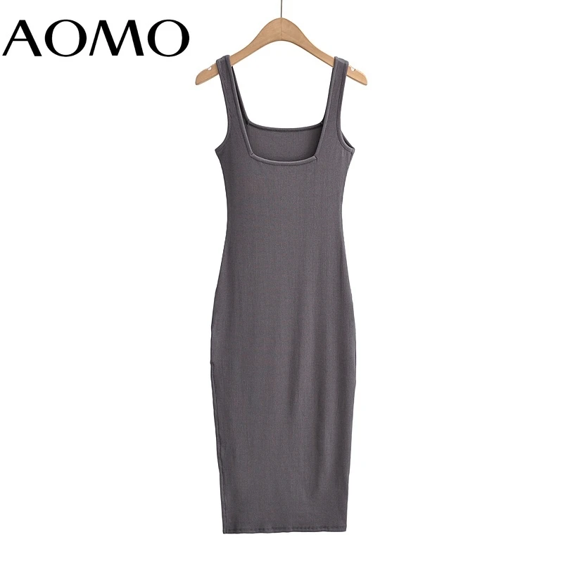

AOMO Women Solid Knit Tank Dress Square Collar Sleeveless 2021 Fashion Lady Sexy Midi Dresses Vestido 4P34A