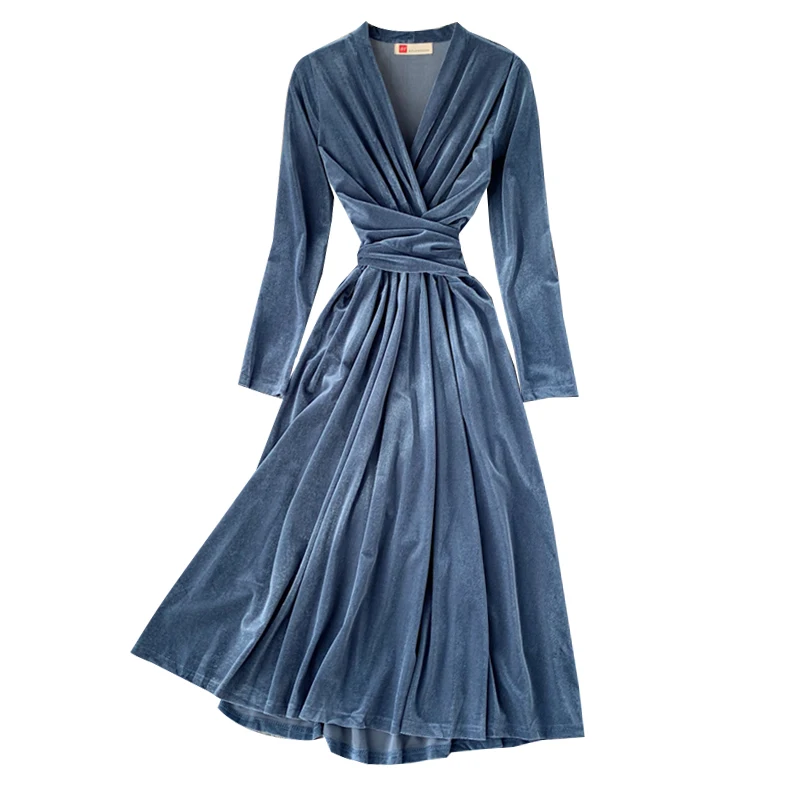 2019 Новое модное женское осенне-зимнее бархатное черное платье с v-образным