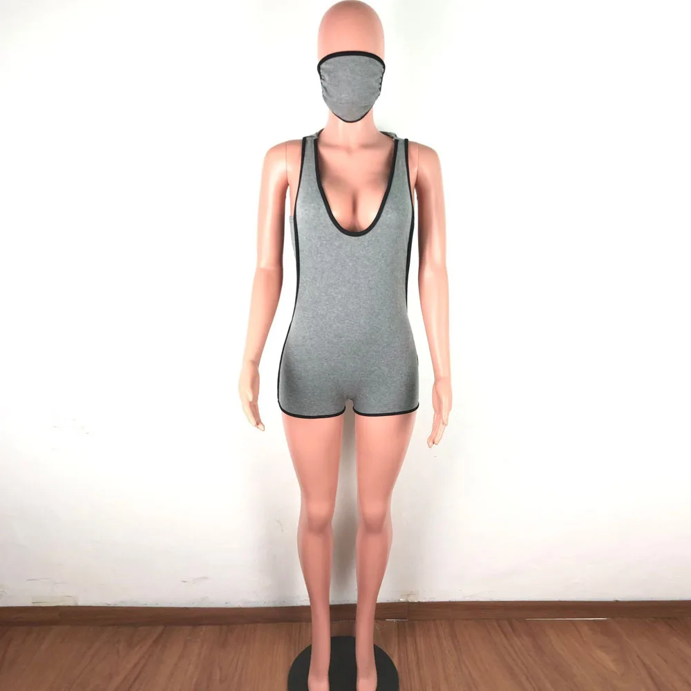 

Waist Band Cut Out Romper Women Jumpsuit Deep V Neck Sleeveless Bandage Short Playsuit Casual Hooded One Piece Overall With Mask