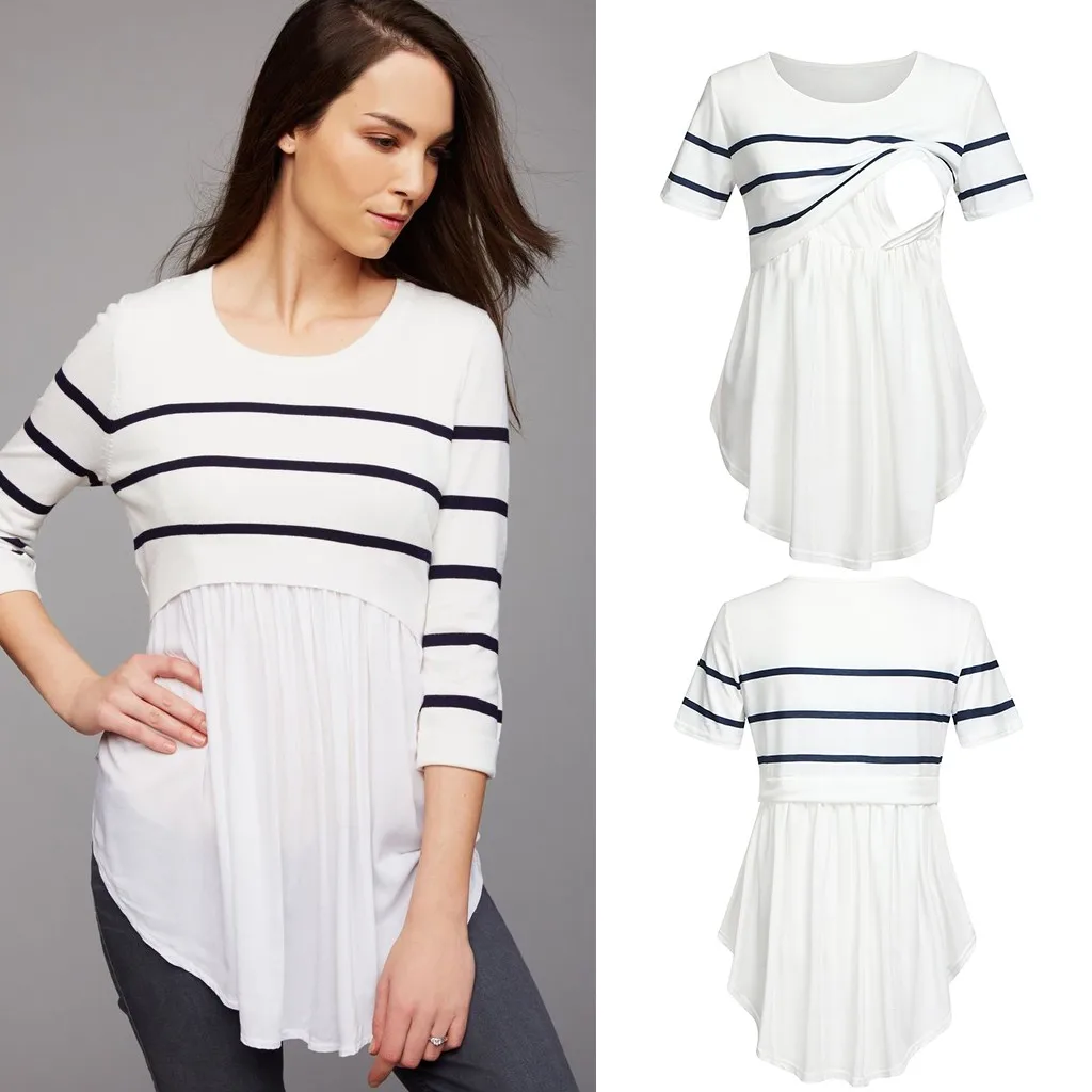 

Women Mom Pregnant Nursing Baby Short Sleeved Striped Blouse Maternity Clothes Pregnancy Nursing Tops одежда для беременных New#