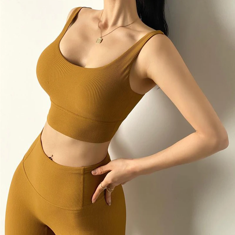 

Ribbed Yoga Sports Underwear Ladies Vest-Style Gym Workout Bra Outdoor Running Top Shockproof Gathered T-Shirt