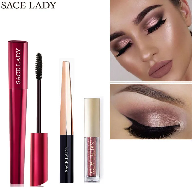 

SACE LADY Eye Makeup Set Glitter Liquid Eyeshadow Black Eyeliner Thick Lash Mascara Waterproof Mascara High light Make Up Kit
