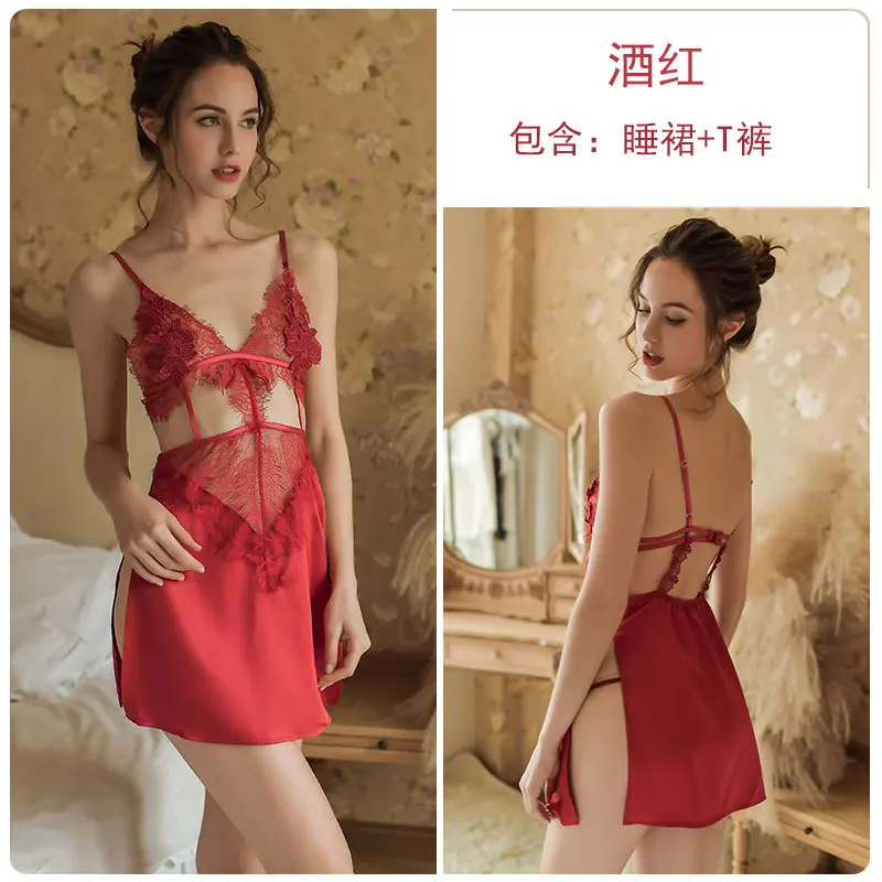 

Sexy Ladies Night Dress Nuisette Silk Sleepwear Satin Nightgown V-neck Slip Nighties Summer Lace Night Gown Lingerie for Wome