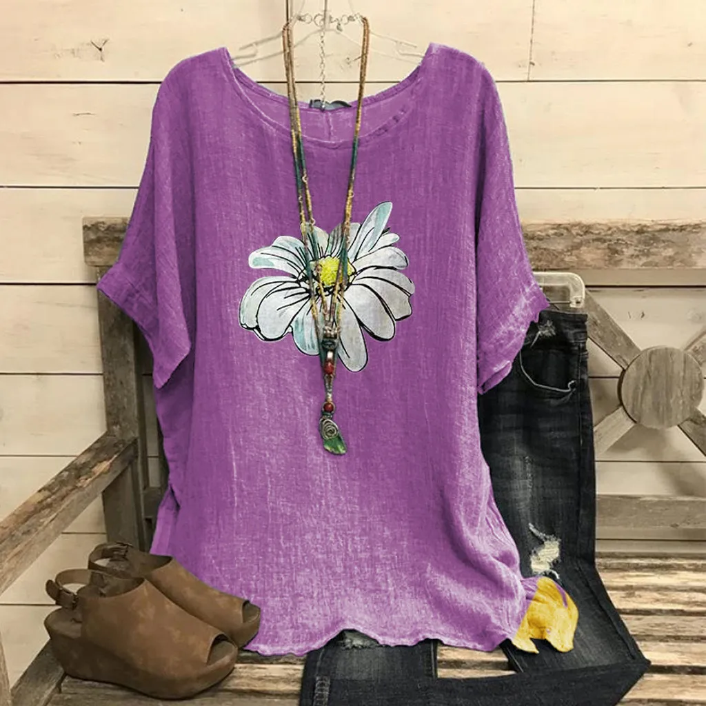 

Plus Size Fashion Daisy Print Blouse Cotton Linen Loose Tops Casual Summer Ladies Top Female Women Short Sleeve Blusas Pullover