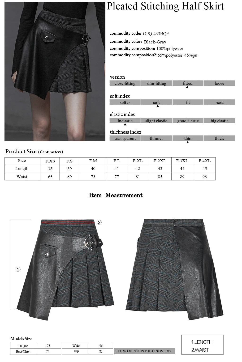 

PUNK RAVE Women's Pleated Stitching Half Skirt Woolen Lattice Velvet Pu A Pendulum Slim Fit Personality Short Skirts
