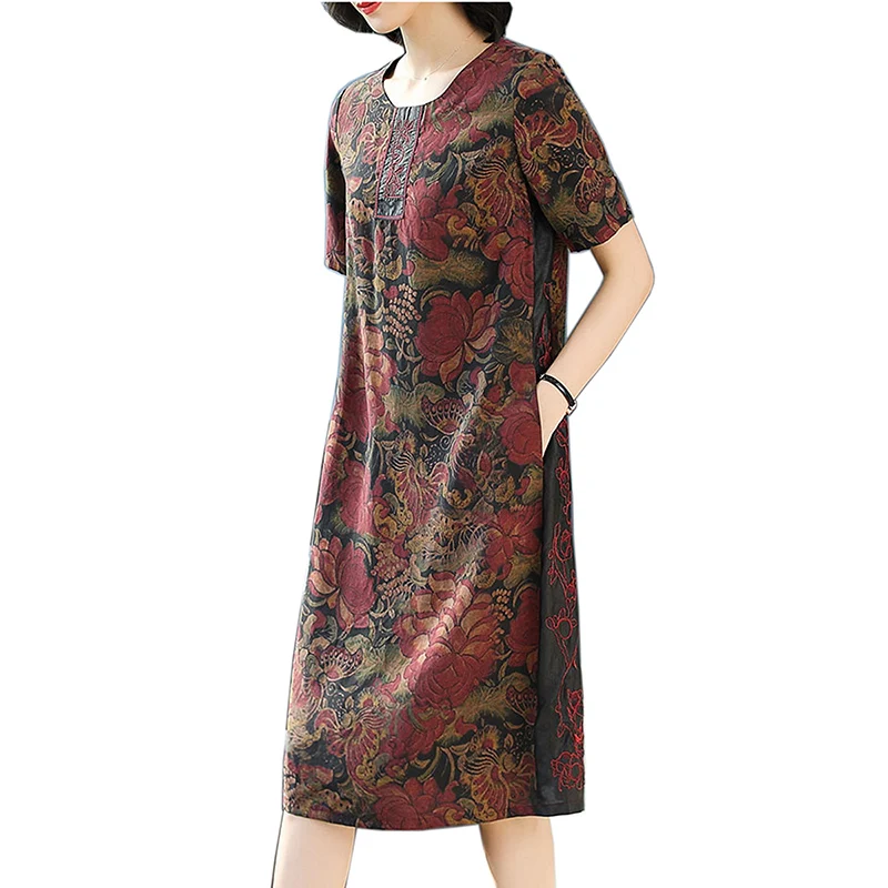 

5XL Women Vintage Cotton Dress 2020 New Summer O-Neck Short Sleeve Print Pockets Casual Loose Midi Dress Oversized Vestidos