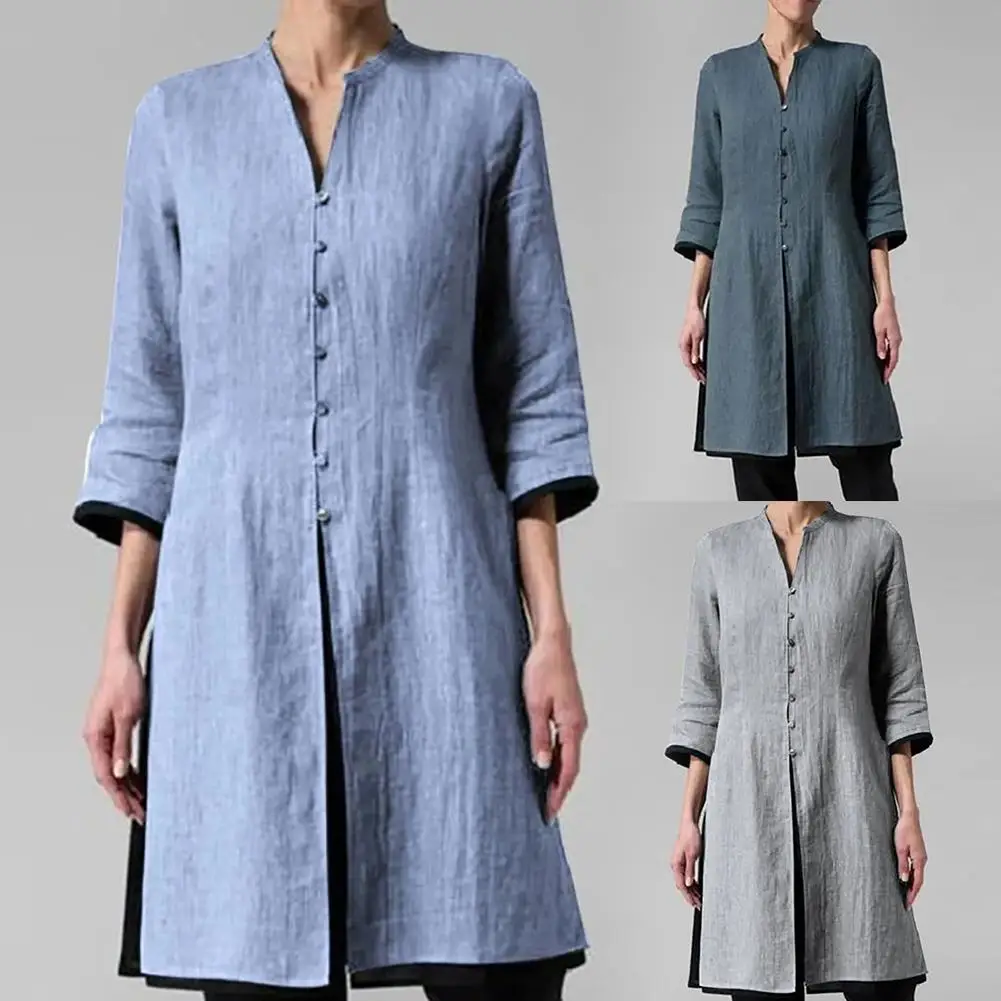 

Women Vintage 3/4 Sleeve Single-breasted Irregular Hem Tunic Top Long Shirt